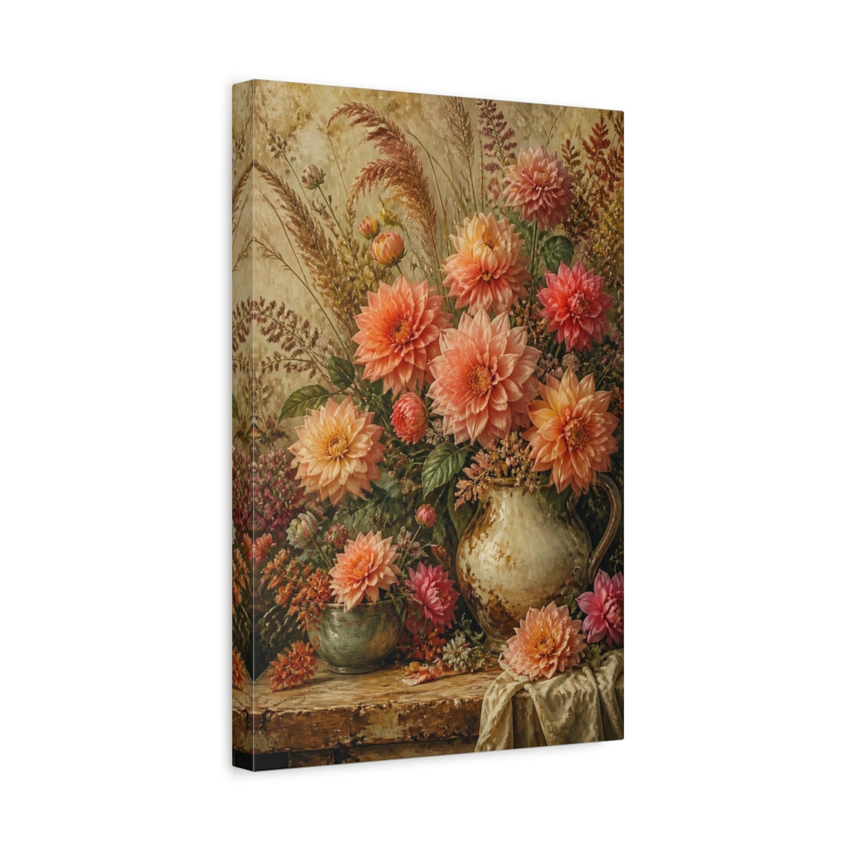 Side Mockup 4. Antique Peach Dahlia Bouquet shown as canvas print