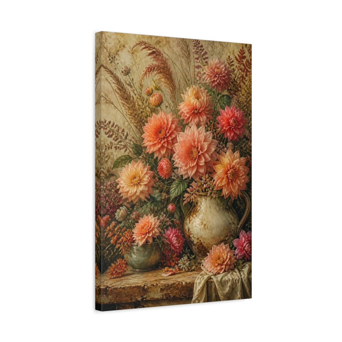 Side Mockup 3. Antique Peach Dahlia Bouquet shown as canvas print