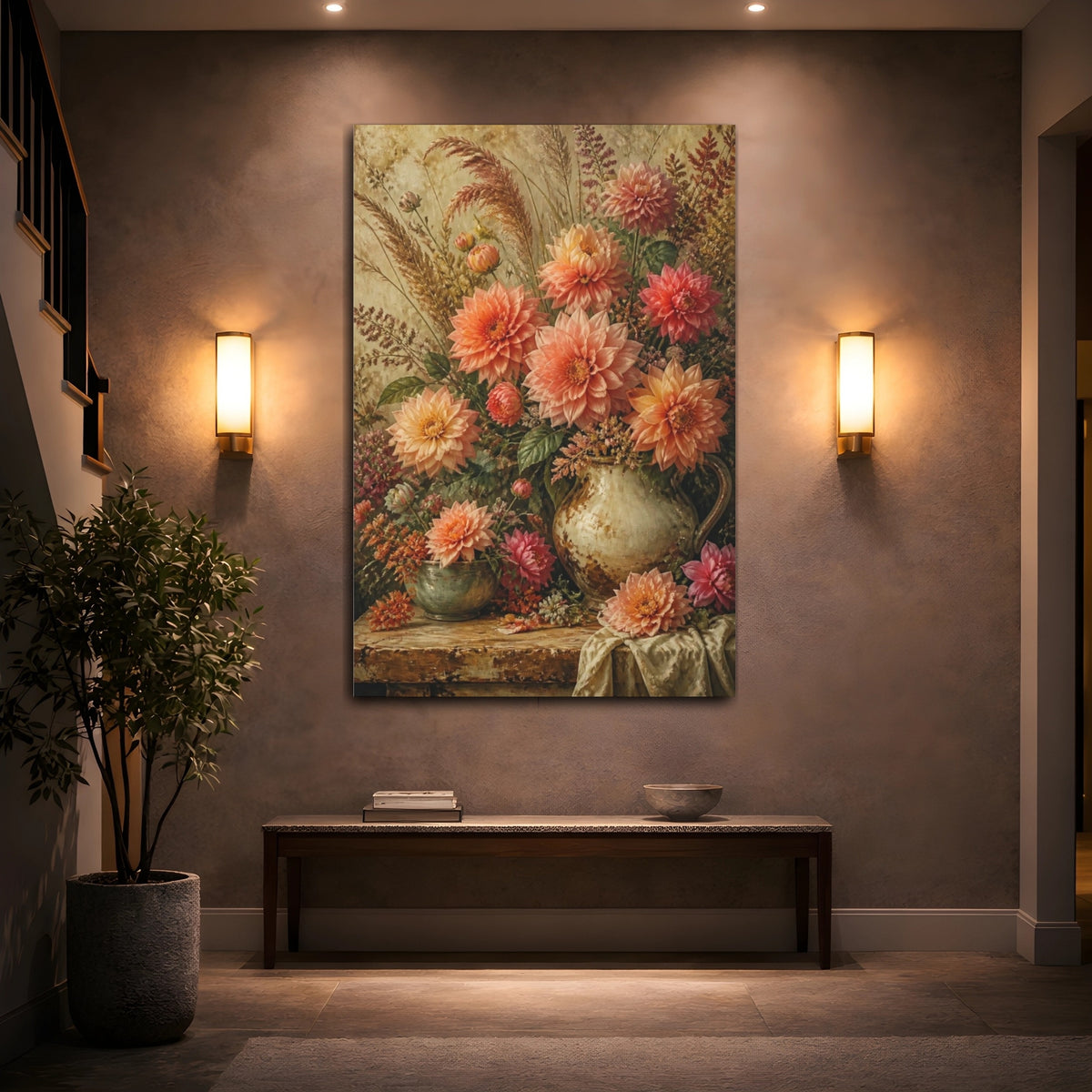 Mockup 2. Antique Peach Dahlia Bouquet shown as canvas print