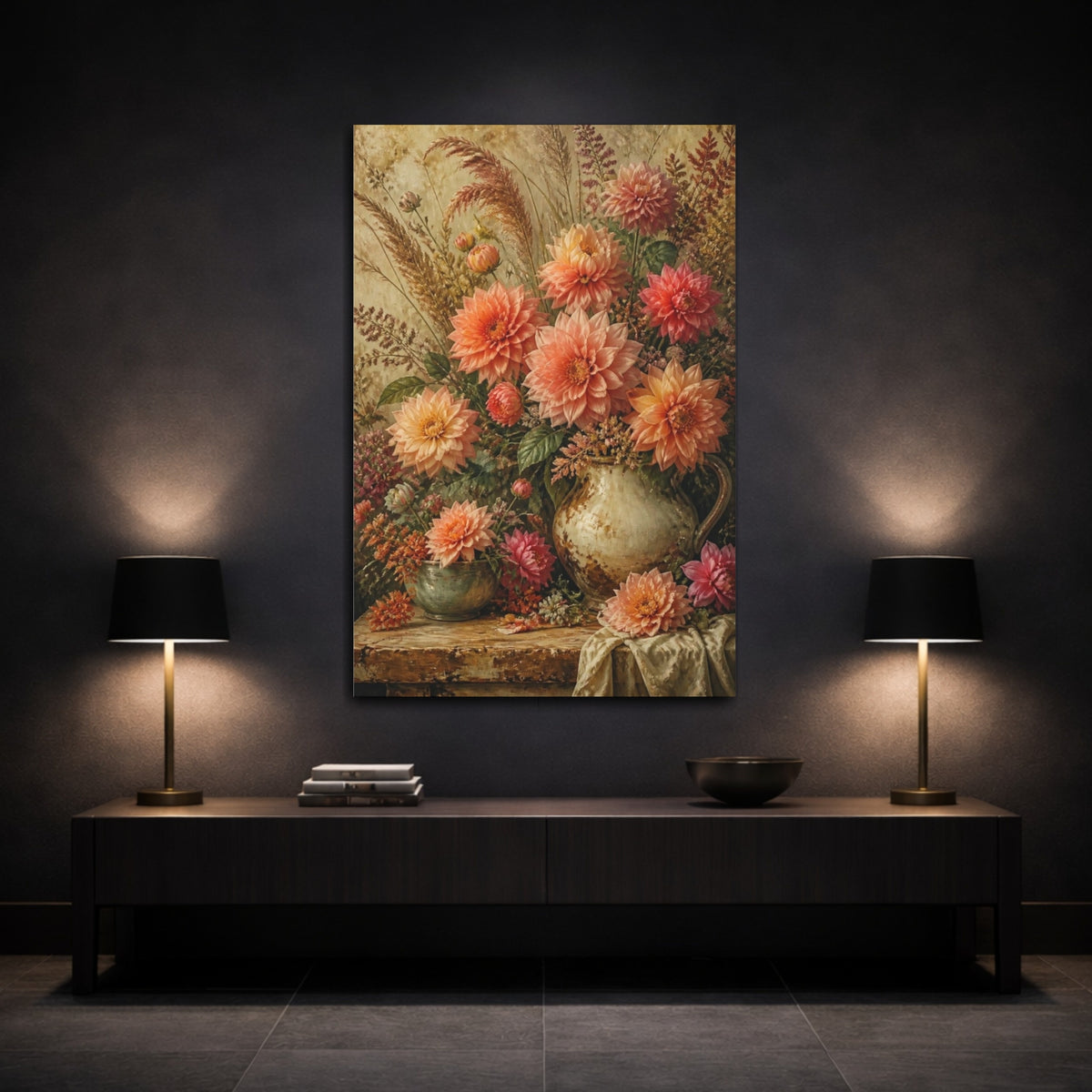 Mockup 3. Antique Peach Dahlia Bouquet shown as canvas print