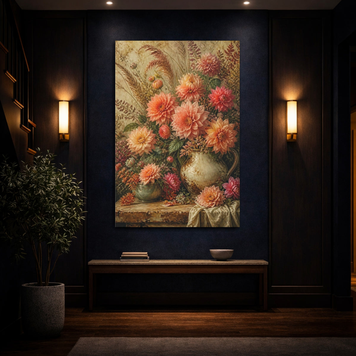 Mockup 4. Antique Peach Dahlia Bouquet shown as canvas print