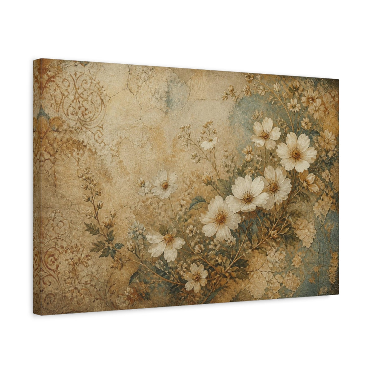 Side Mockup 3. Antique White Wildflowers shown as canvas print