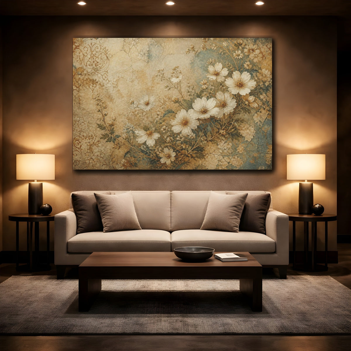 Mockup 2. Antique White Wildflowers shown as canvas print