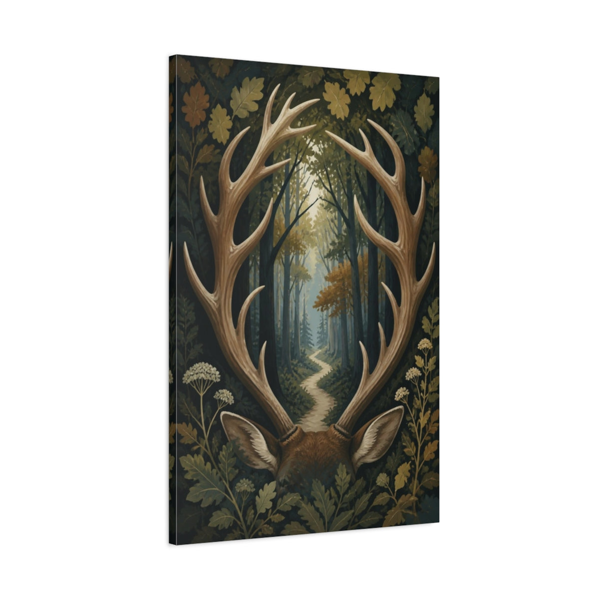 Main Mockup. Antler Framed Forest Path shown as canvas print