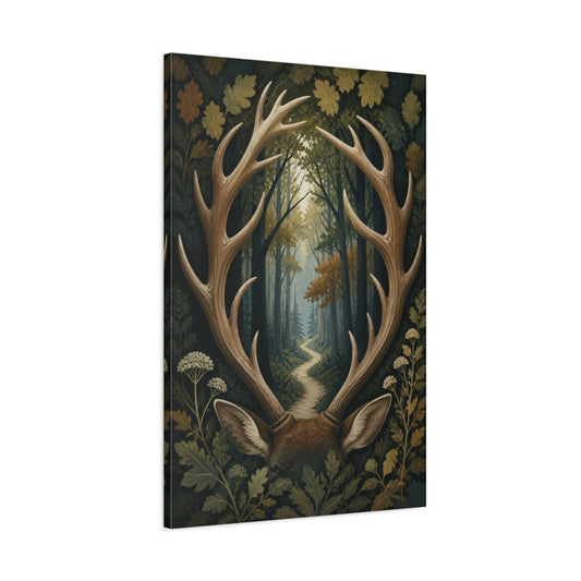 Main Mockup. Antler Framed Forest Path shown as canvas print