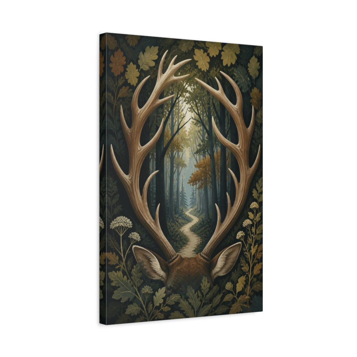 Side Mockup 3. Antler Framed Forest Path shown as canvas print