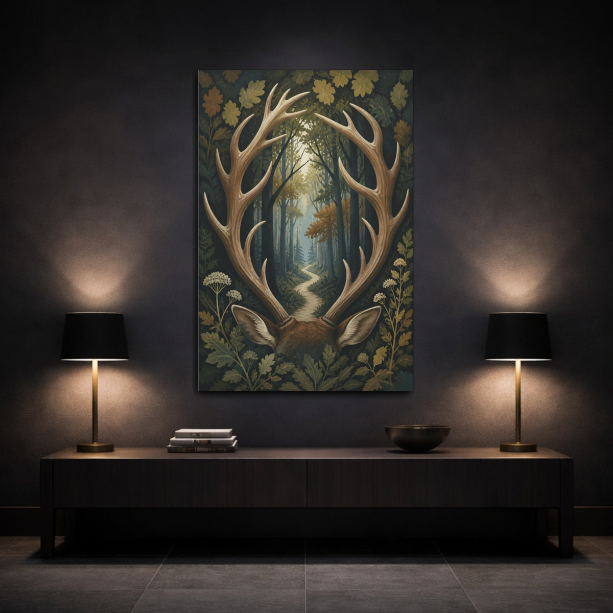 Mockup 3. Antler Framed Forest Path shown as canvas print