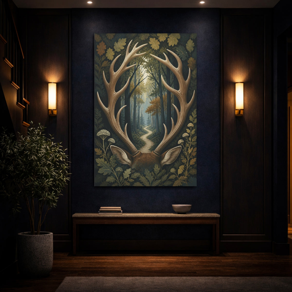 Mockup 4. Antler Framed Forest Path shown as canvas print