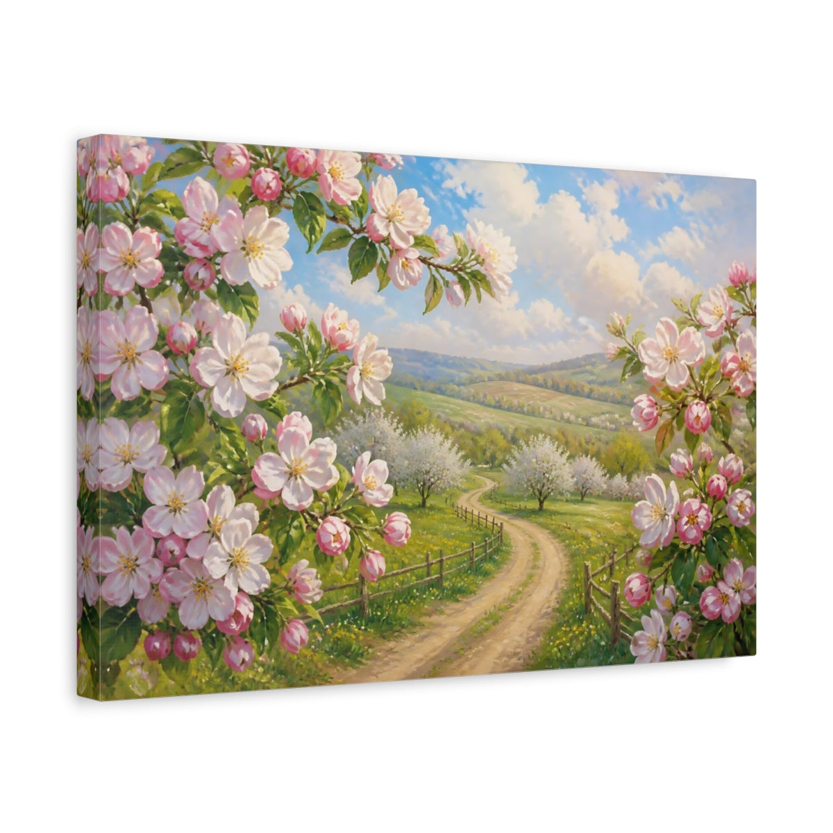 Side Mockup 4. Apple Blossom Country Lane shown as canvas print