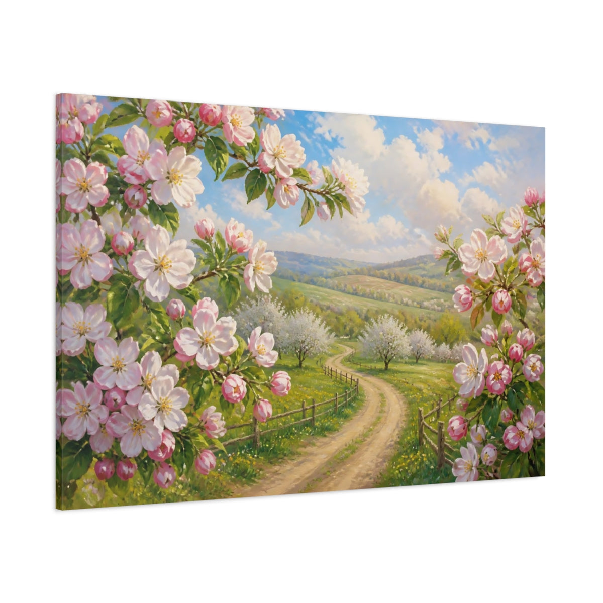 Side Mockup 1. Apple Blossom Country Lane shown as canvas print