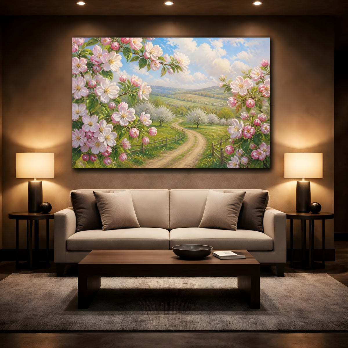 Mockup 2. Apple Blossom Country Lane shown as canvas print