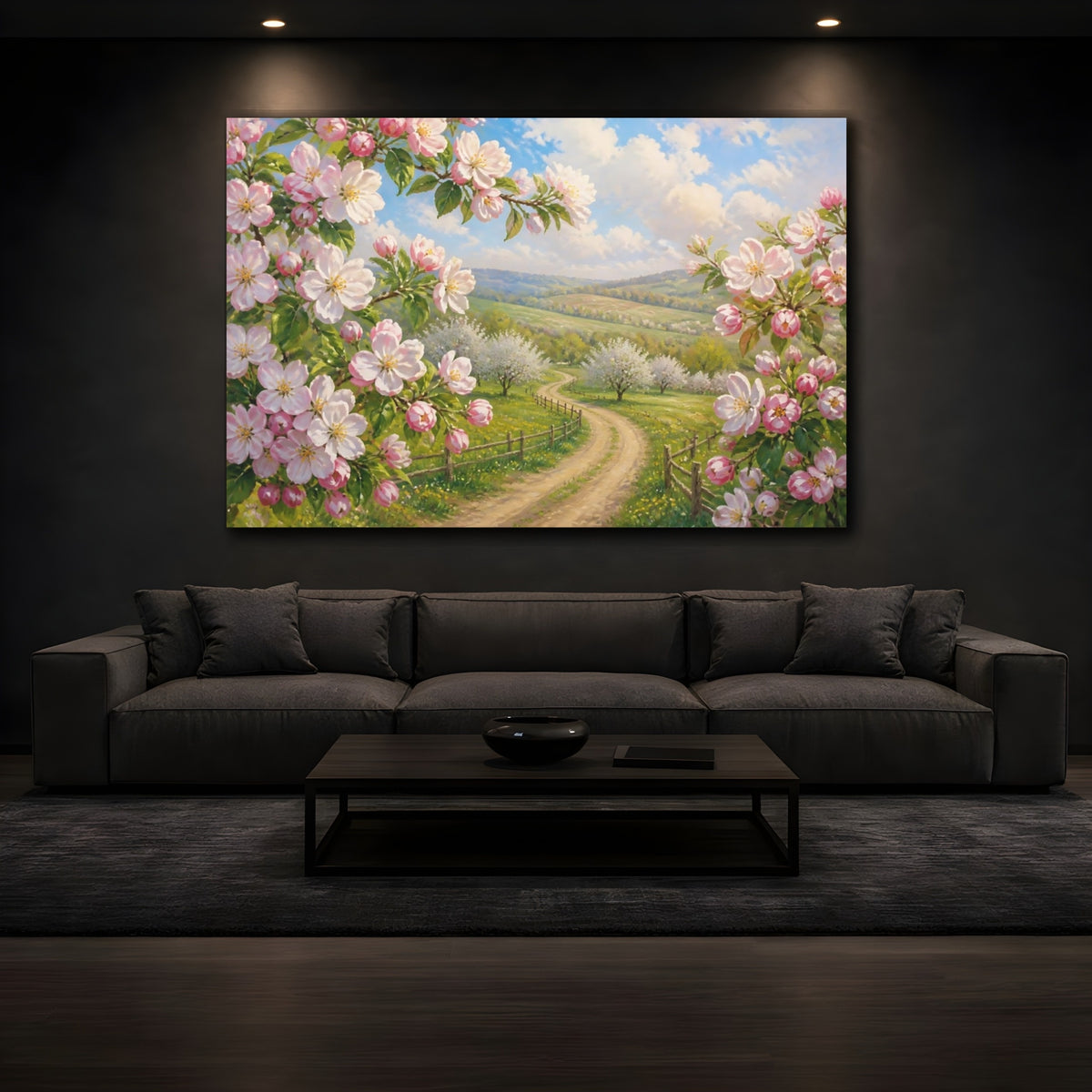 Mockup 3. Apple Blossom Country Lane shown as canvas print