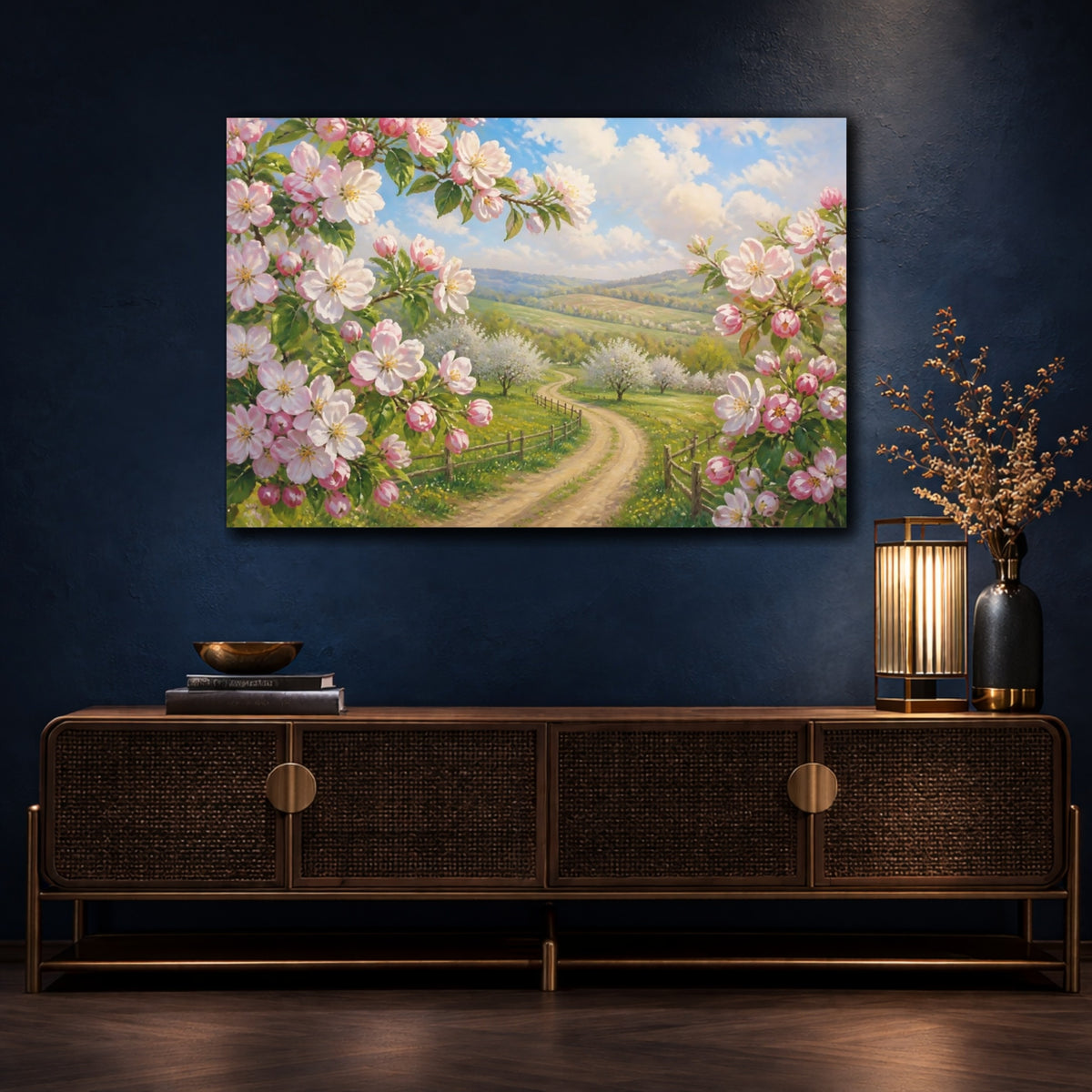 Mockup 4. Apple Blossom Country Lane shown as canvas print