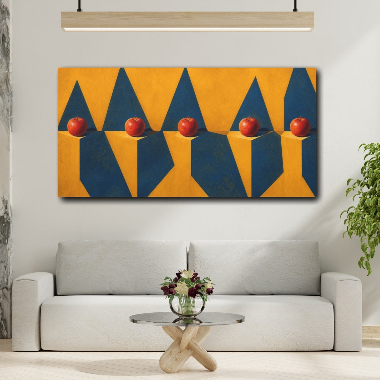 Mockup 2. Apples On Blue Peaks shown as canvas print