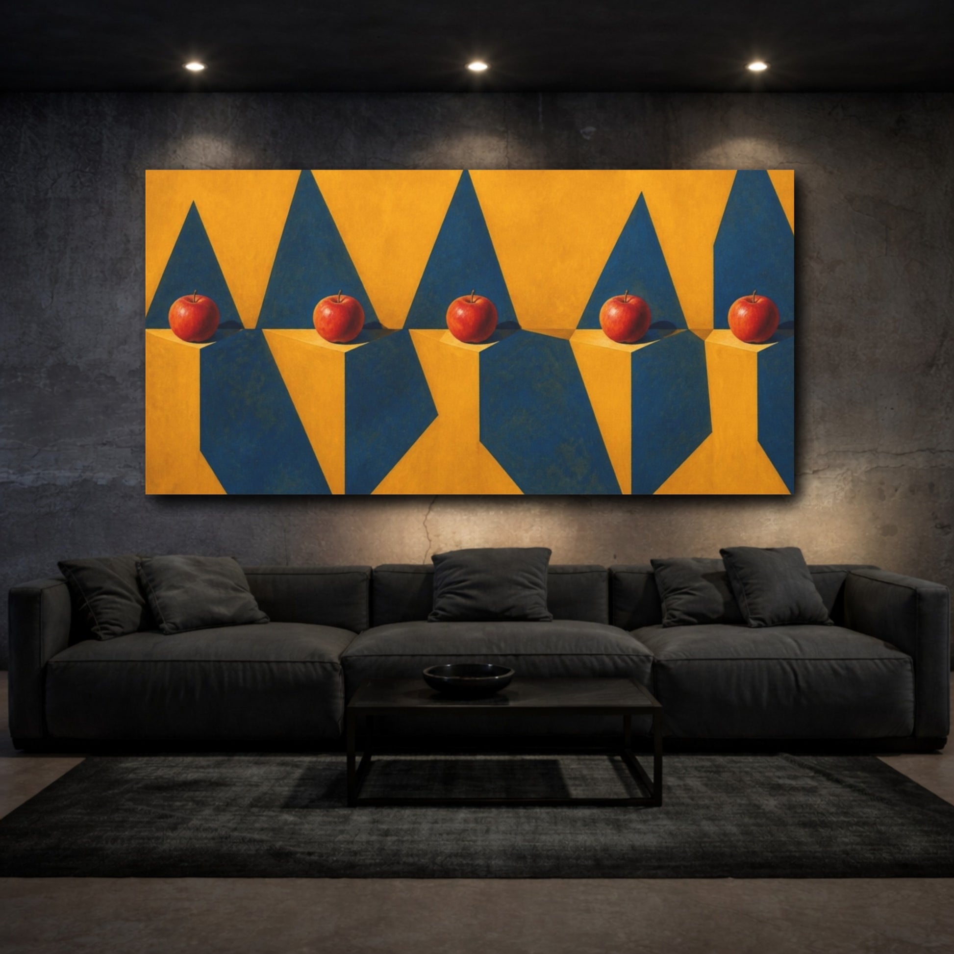 Mockup 3. Apples On Blue Peaks shown as canvas print