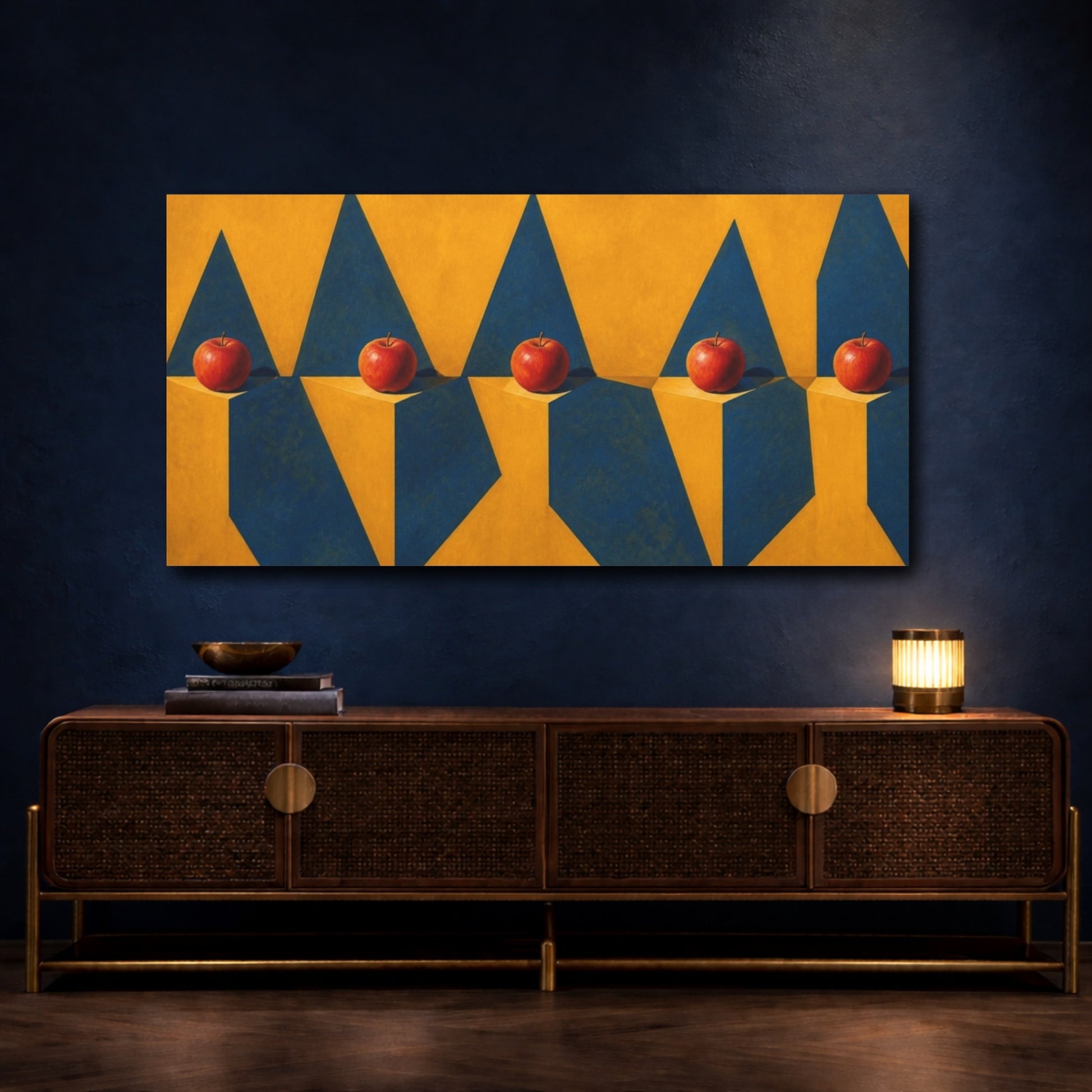 Mockup 4. Apples On Blue Peaks shown as canvas print