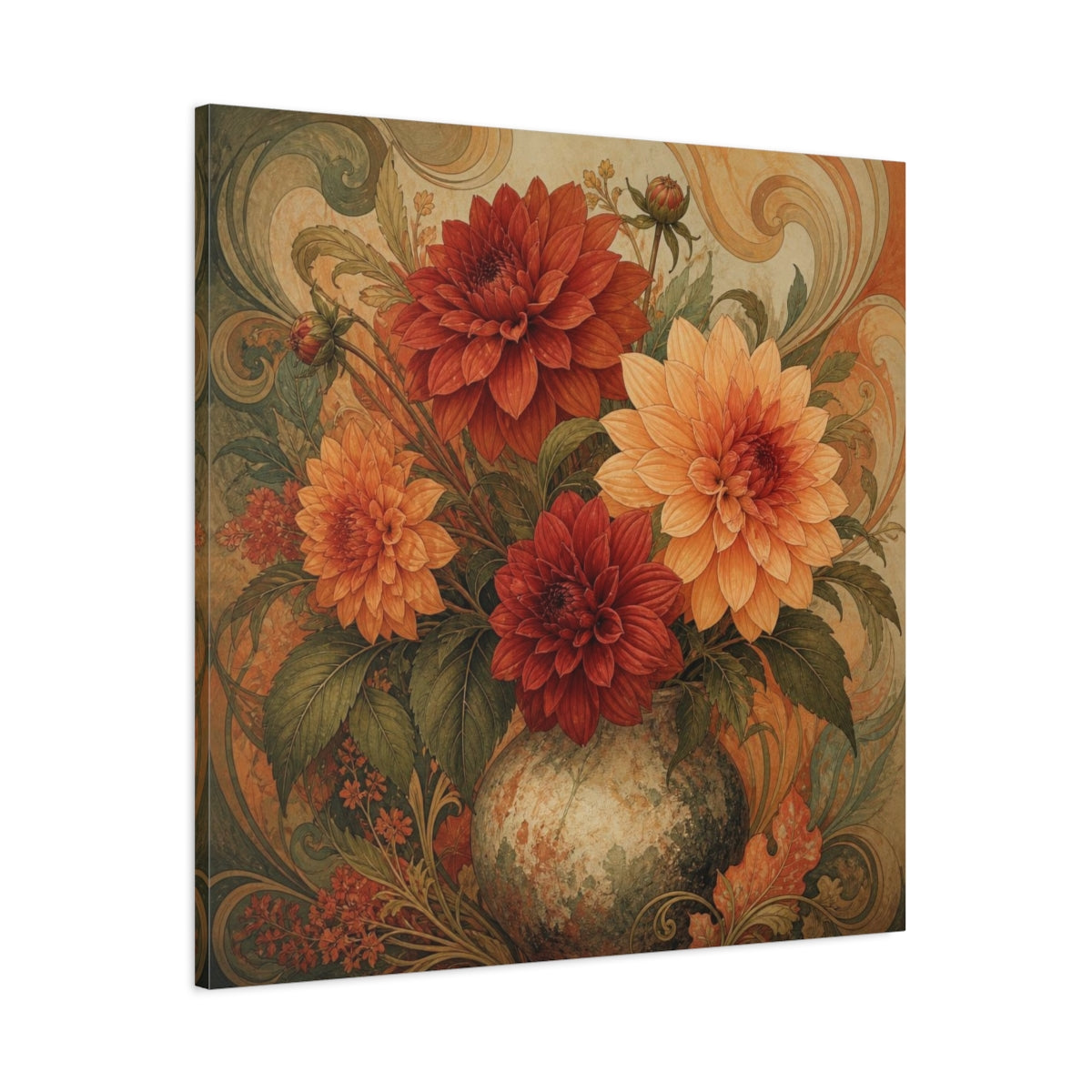 Main Mockup. Apricot & Rust Dahlia Bouquet shown as canvas print