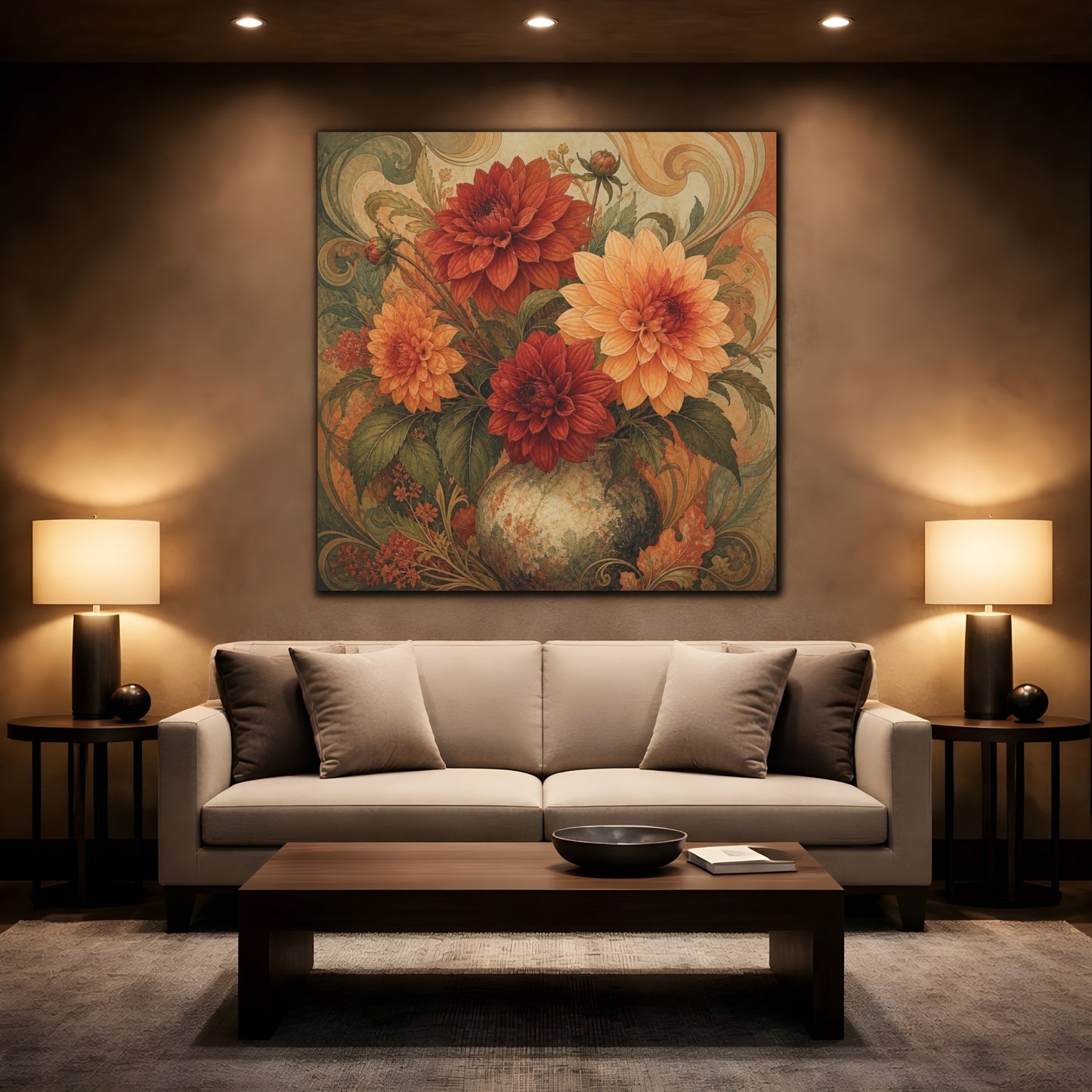 Mockup 2. Apricot & Rust Dahlia Bouquet shown as canvas print