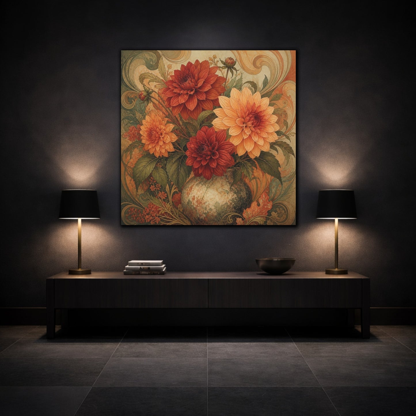 Mockup 3. Apricot & Rust Dahlia Bouquet shown as canvas print