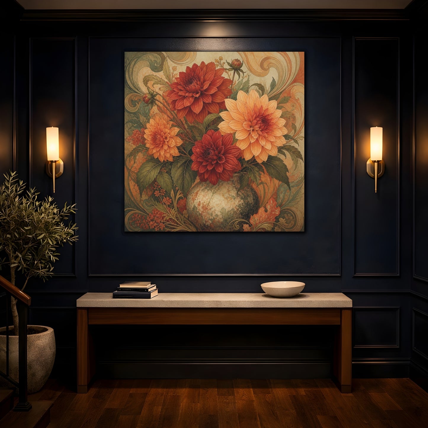 Mockup 4. Apricot & Rust Dahlia Bouquet shown as canvas print