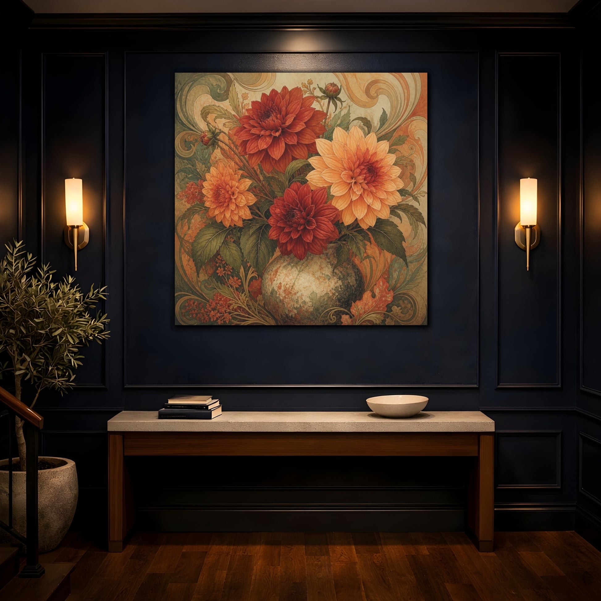Mockup 4. Apricot & Rust Dahlia Bouquet shown as canvas print