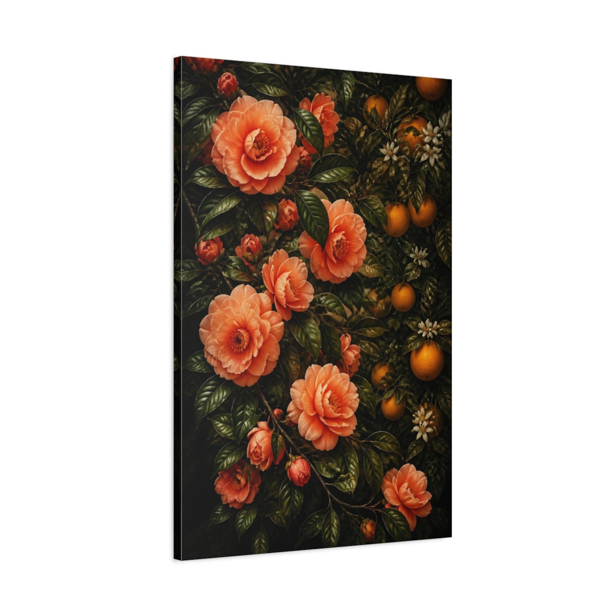 Main Mockup. Apricot Camellia Flowers shown as canvas print