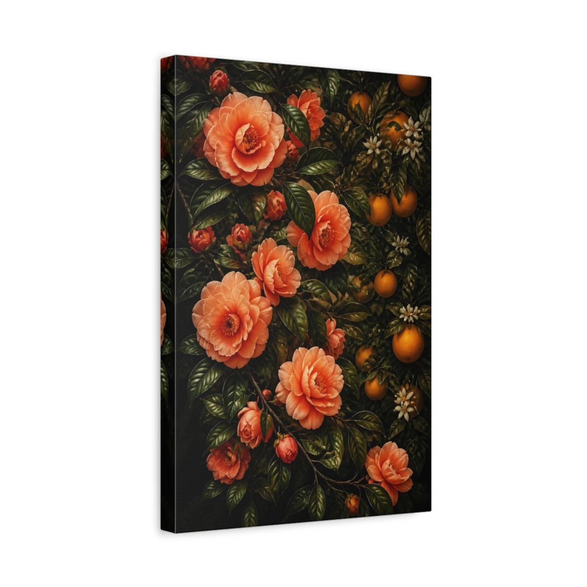 Side Mockup 4. Apricot Camellia Flowers shown as canvas print