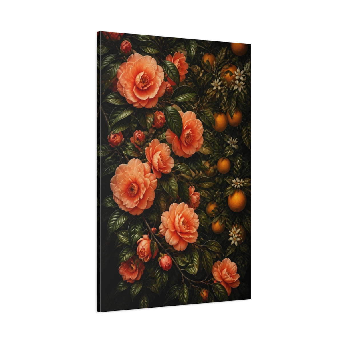 Side Mockup 1. Apricot Camellia Flowers shown as canvas print