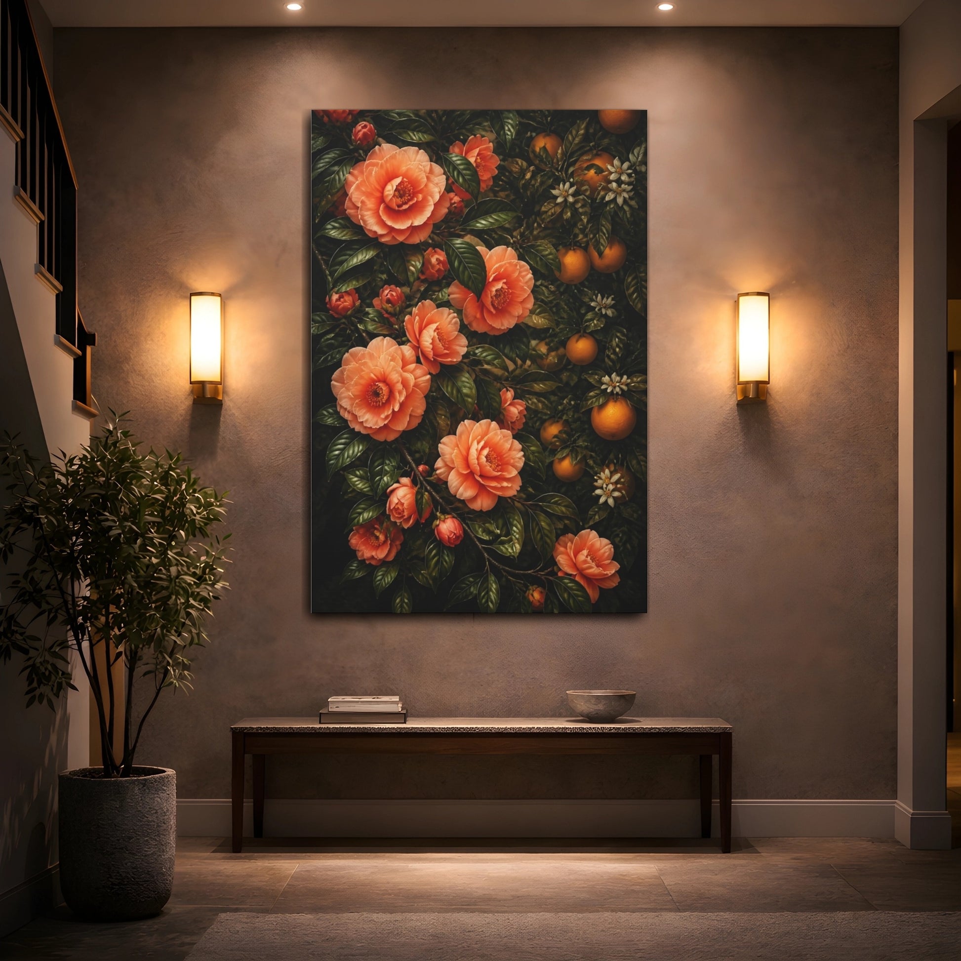 Mockup 2. Apricot Camellia Flowers shown as canvas print