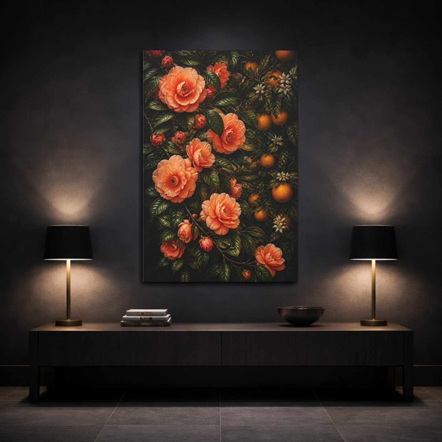 Mockup 3. Apricot Camellia Flowers shown as canvas print