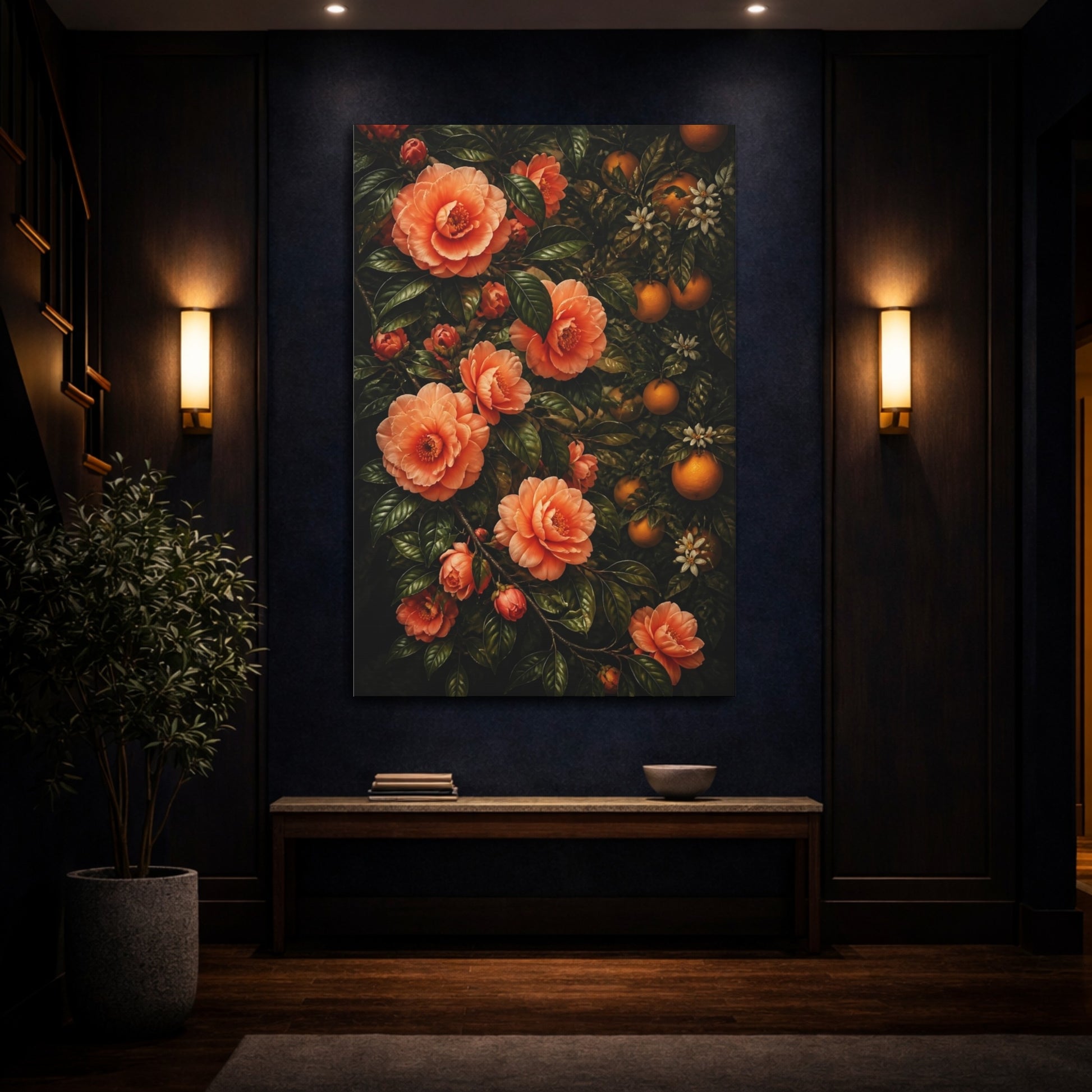 Mockup 4. Apricot Camellia Flowers shown as canvas print