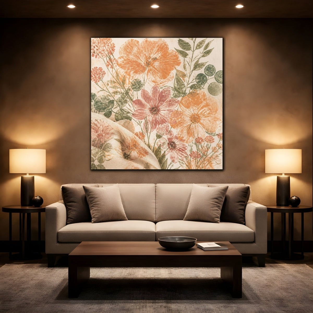 Apricot & Dusty Pink Bouquet Canvas Print – Living Room, Above Fireplace, Eucalyptus - YesArtYes
