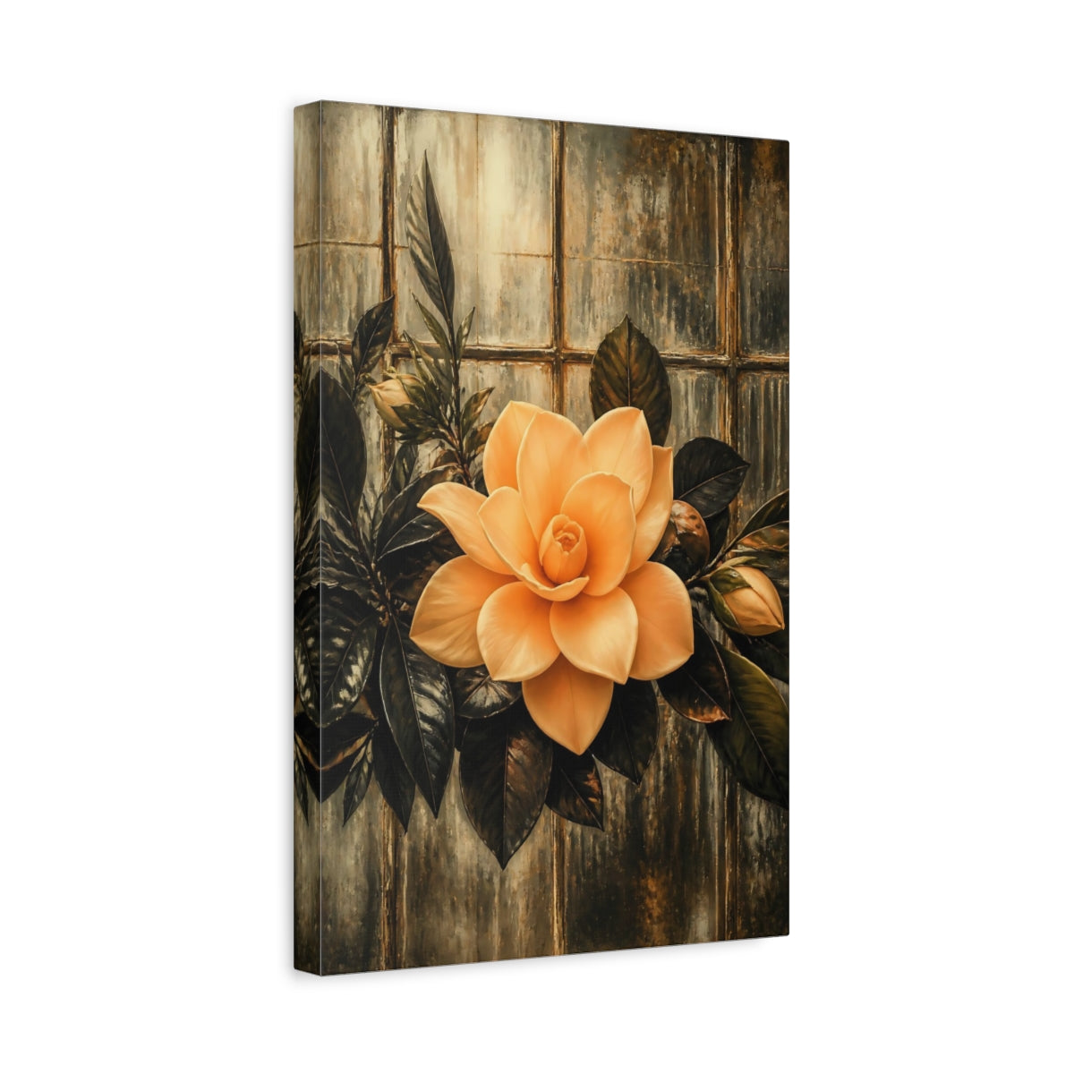 Side Mockup 4. Apricot Gardenia Against Glass shown as canvas print