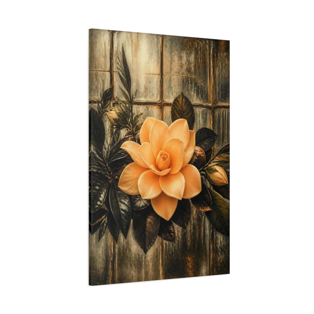 Side Mockup 1. Apricot Gardenia Against Glass shown as canvas print