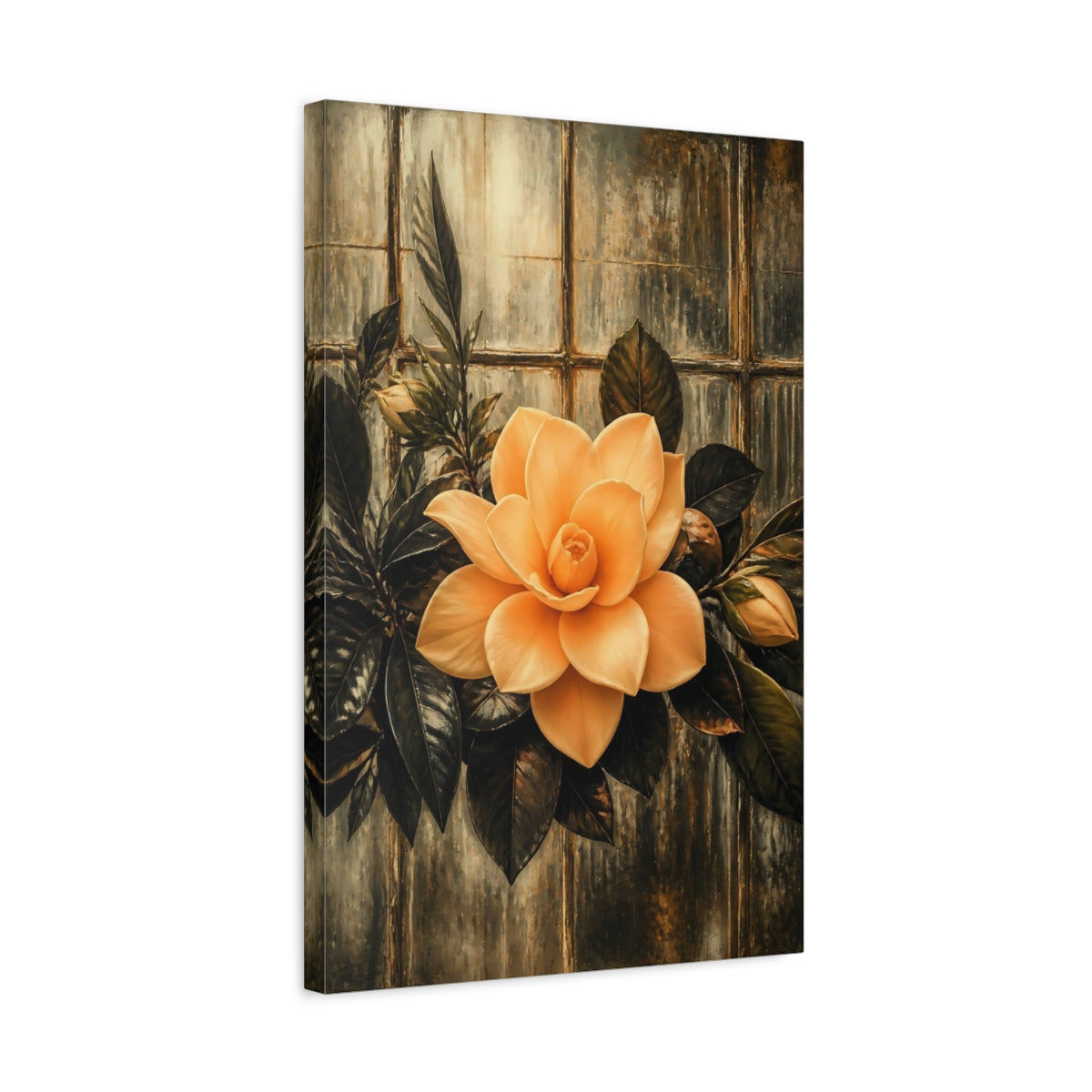 Side Mockup 3. Apricot Gardenia Against Glass shown as canvas print