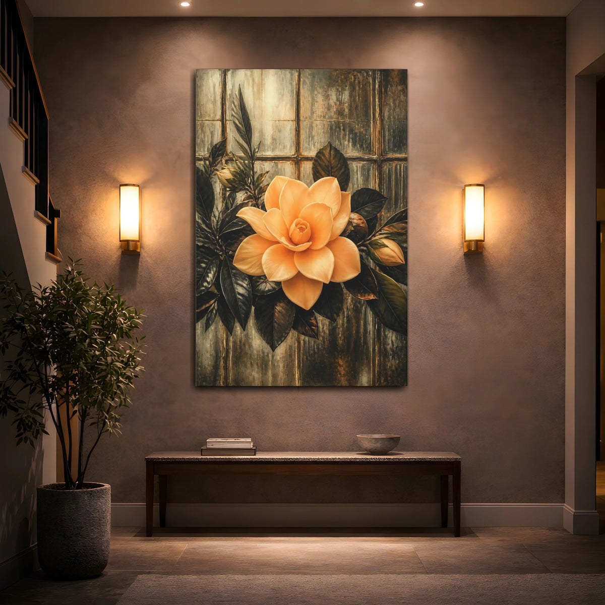 Mockup 2. Apricot Gardenia Against Glass shown as canvas print