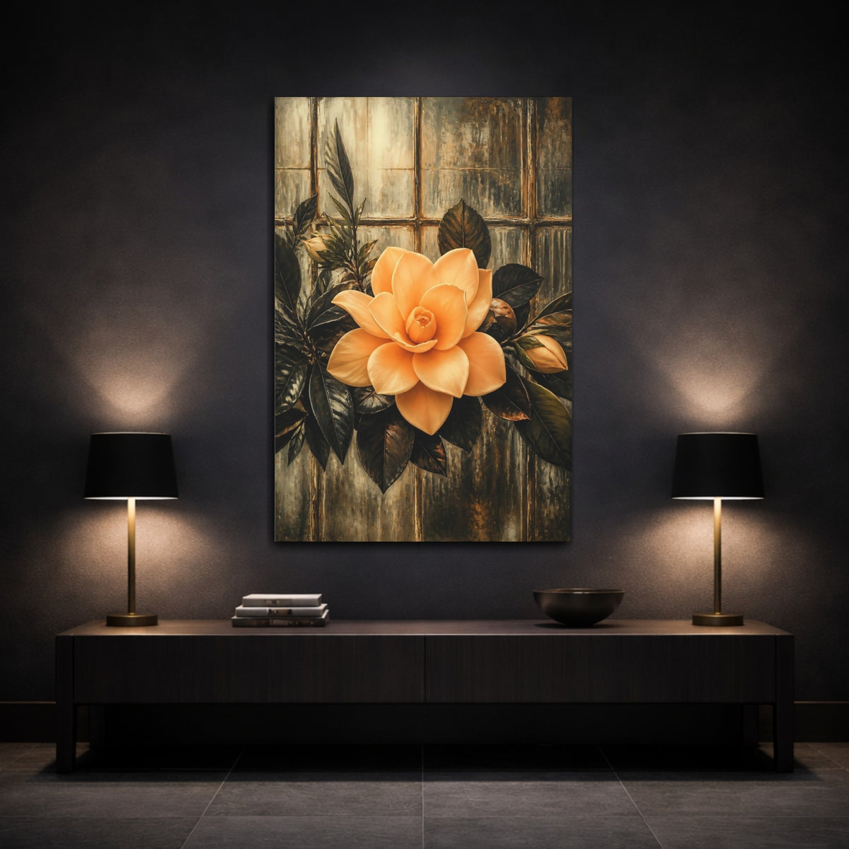 Mockup 3. Apricot Gardenia Against Glass shown as canvas print