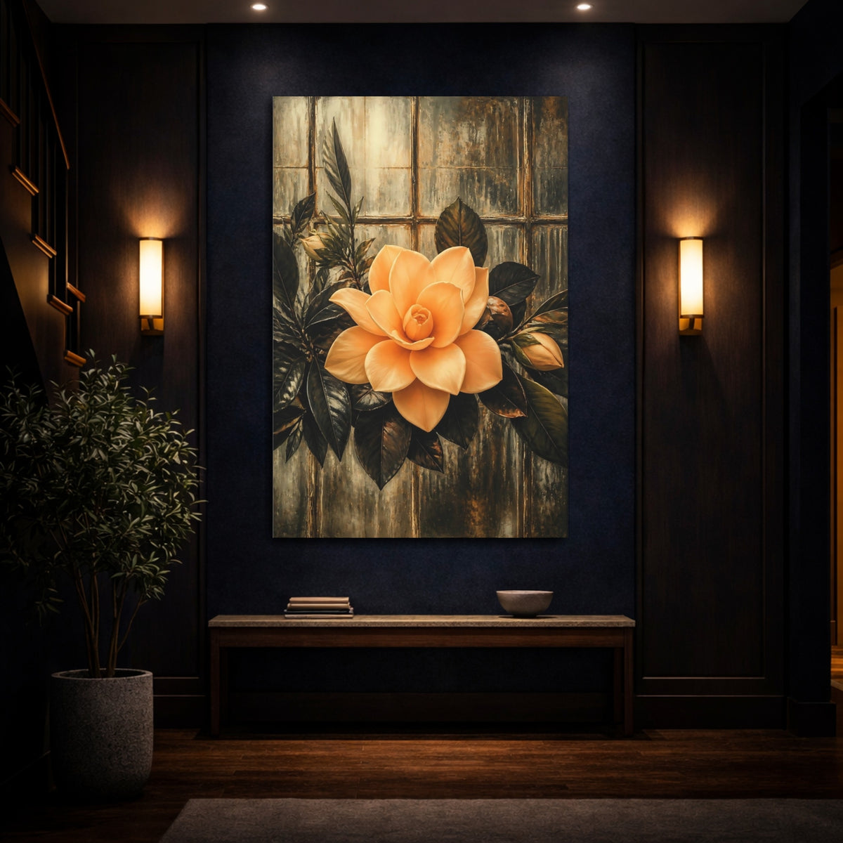 Mockup 4. Apricot Gardenia Against Glass shown as canvas print