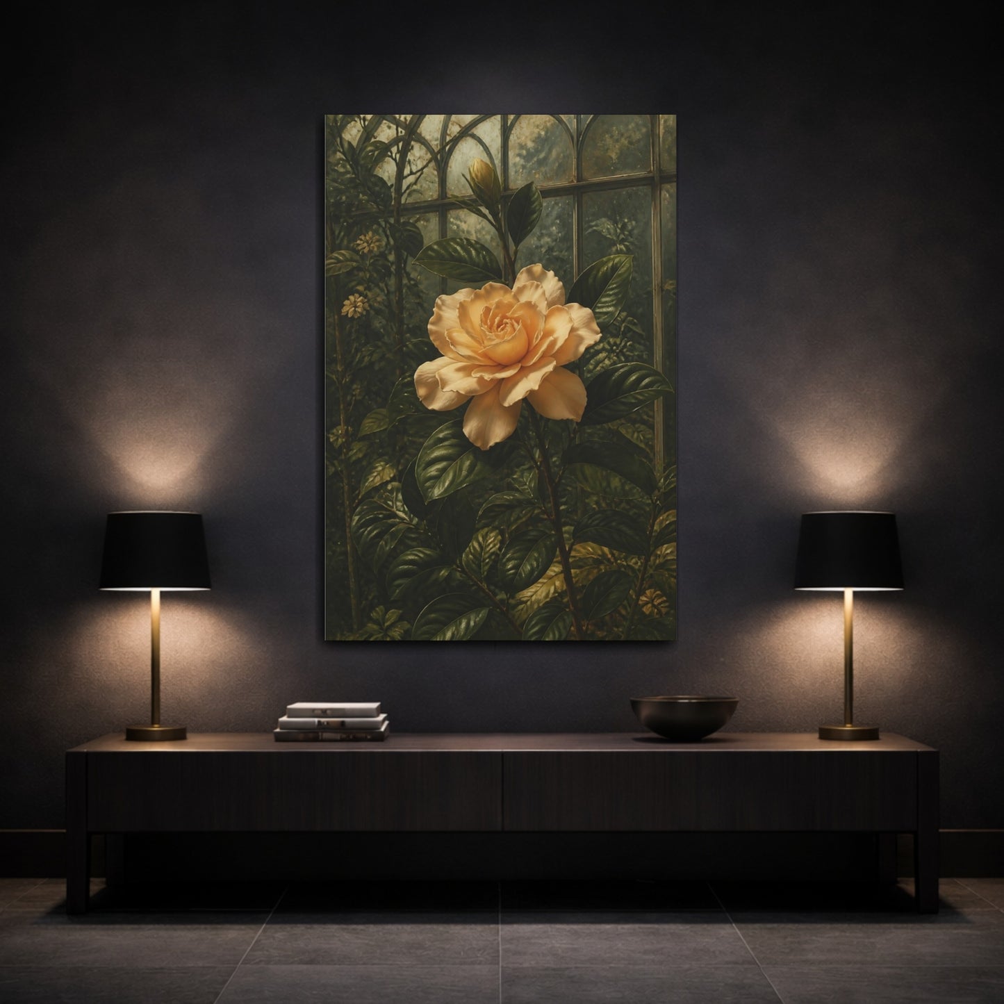 Mockup 3. Apricot Gardenia Flower shown as canvas print