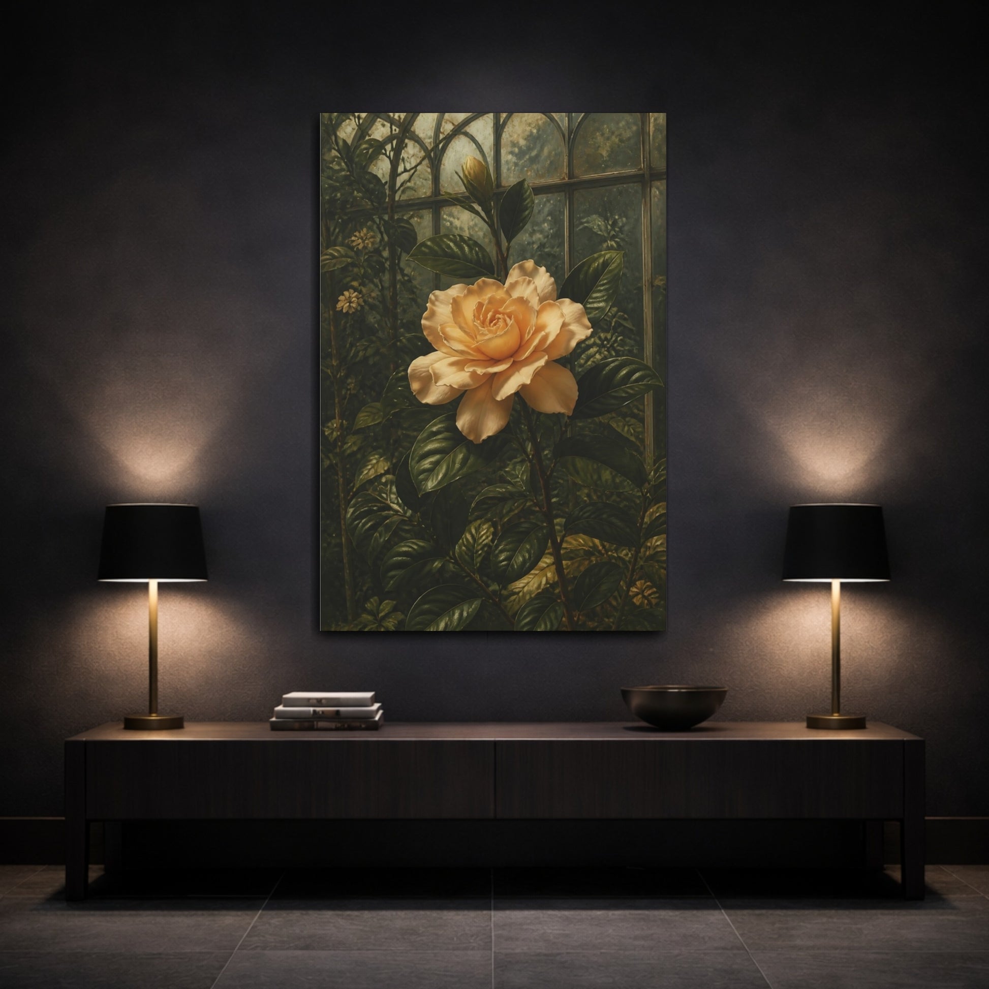 Mockup 3. Apricot Gardenia Flower shown as canvas print