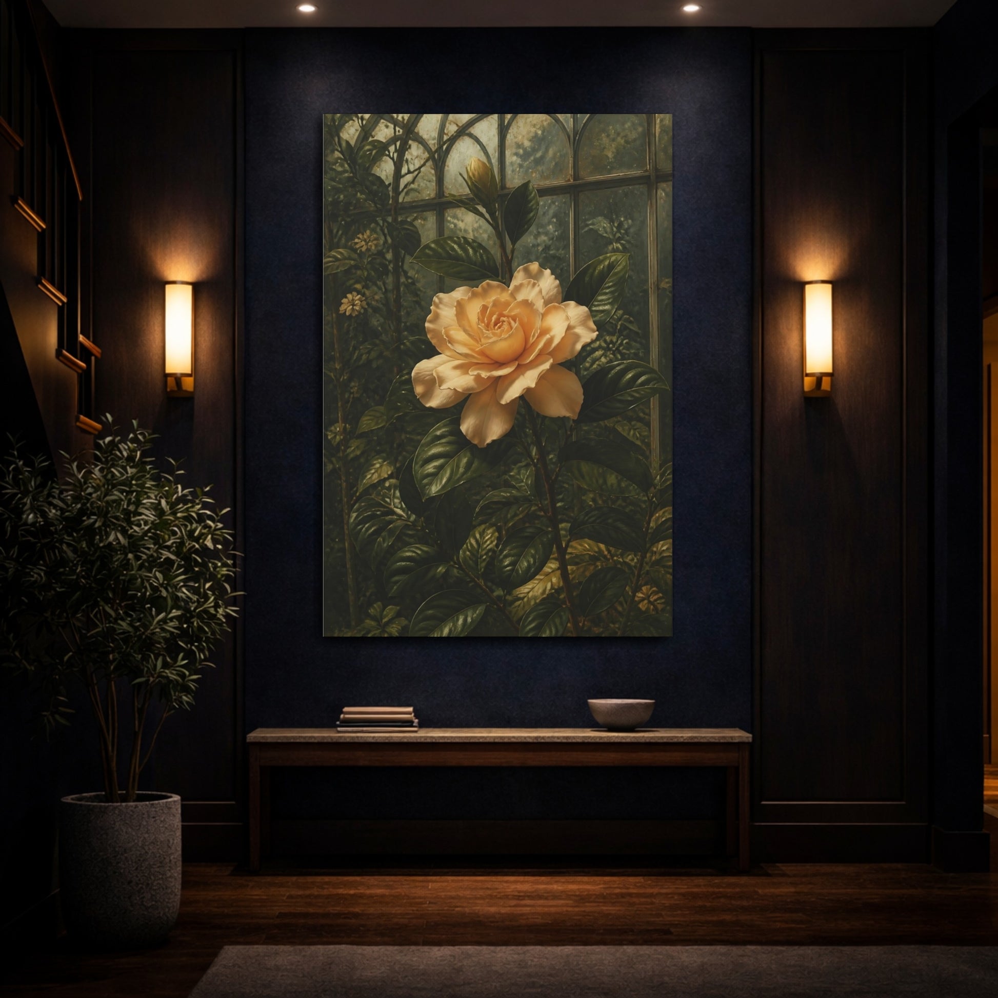 Mockup 4. Apricot Gardenia Flower shown as canvas print