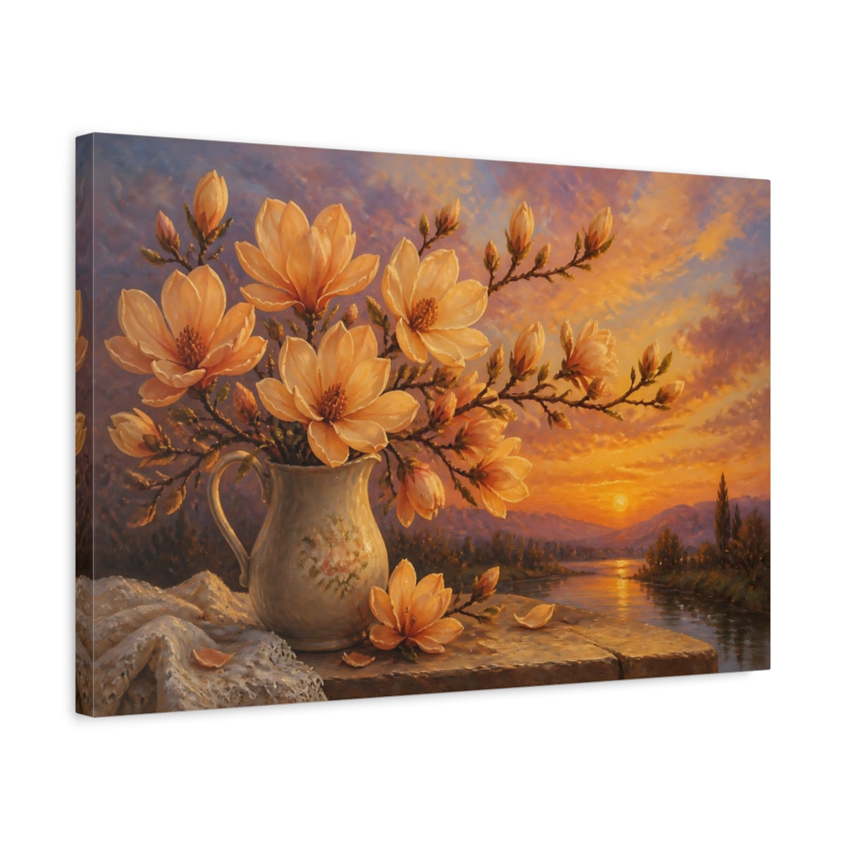 Side Mockup 3. Apricot Magnolias At Dusk shown as canvas print