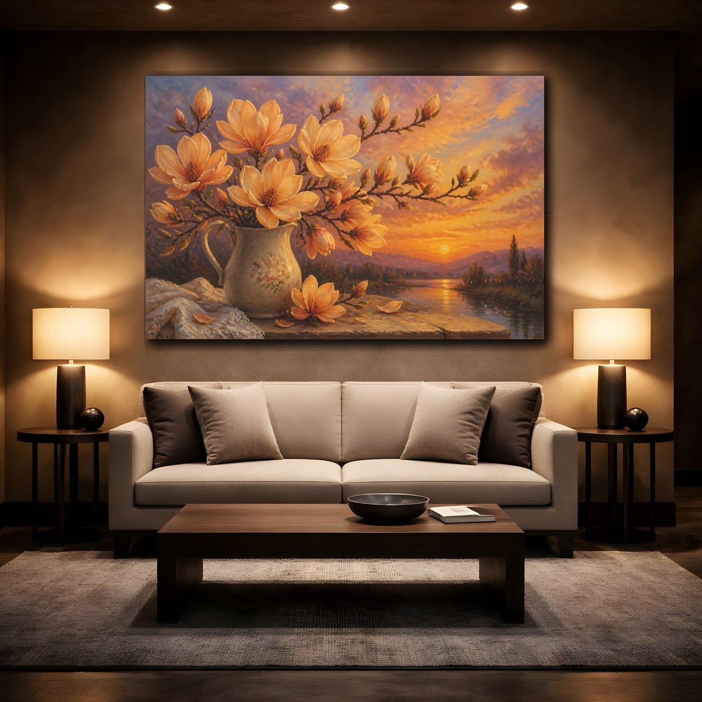 Mockup 2. Apricot Magnolias At Dusk shown as canvas print
