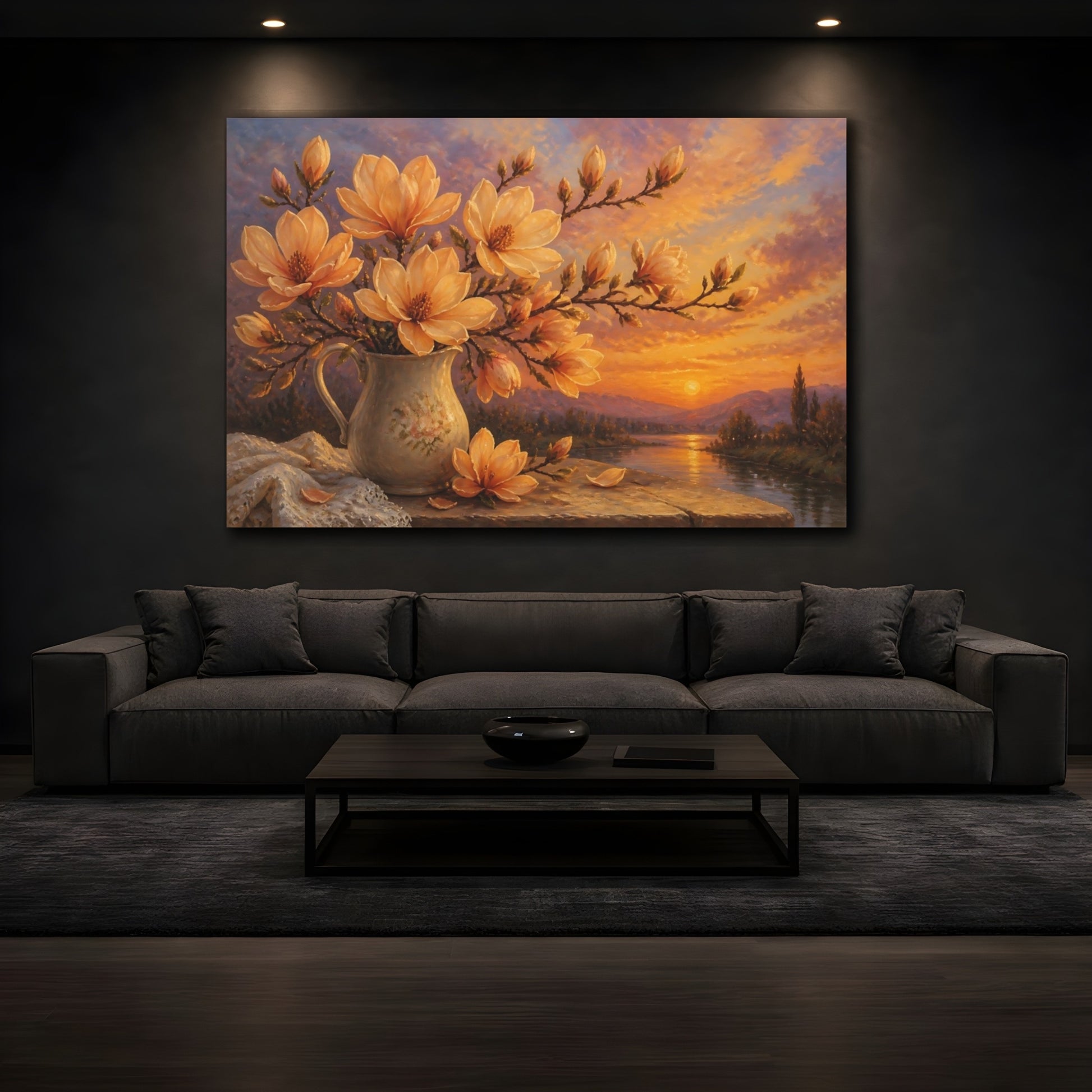 Mockup 3. Apricot Magnolias At Dusk shown as canvas print