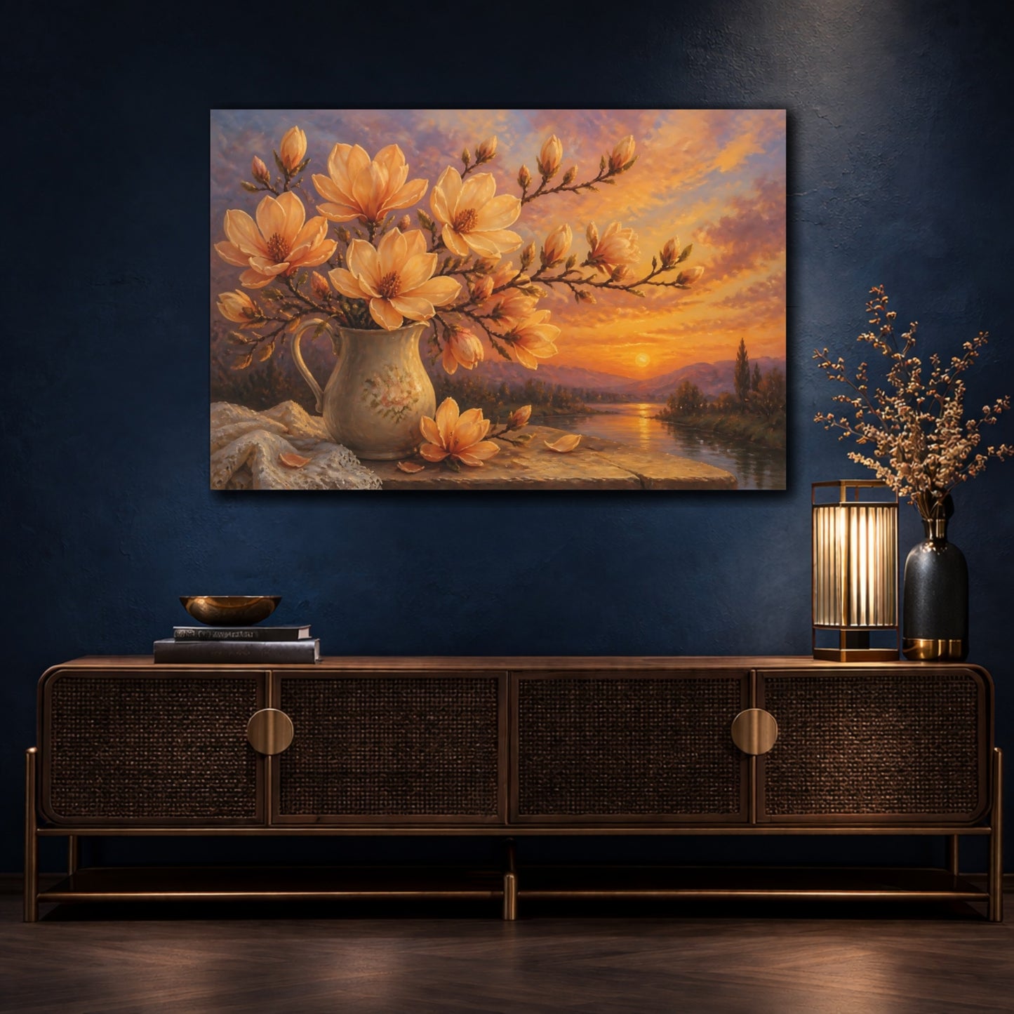 Mockup 4. Apricot Magnolias At Dusk shown as canvas print