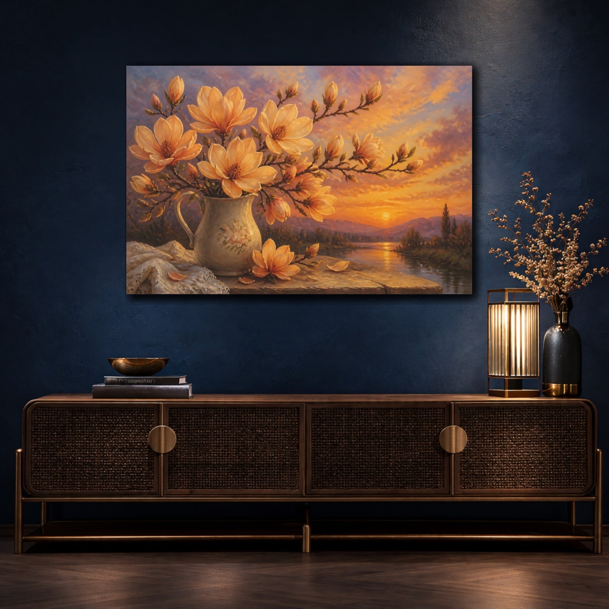 Mockup 4. Apricot Magnolias At Dusk shown as canvas print