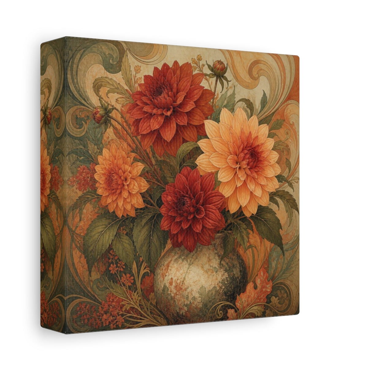 Side Mockup 2. Apricot & Rust Dahlia Bouquet shown as canvas print
