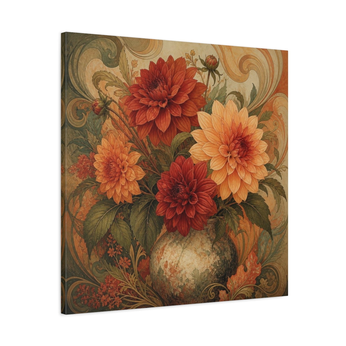 Side Mockup 3. Apricot & Rust Dahlia Bouquet shown as canvas print