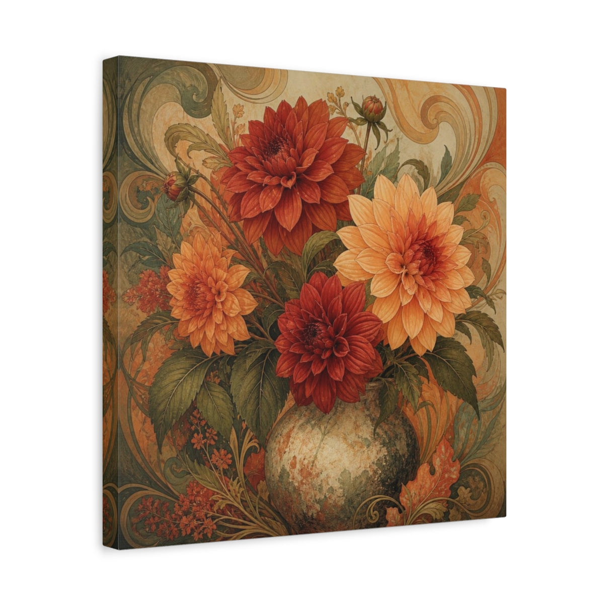 Side Mockup 6. Apricot & Rust Dahlia Bouquet shown as canvas print
