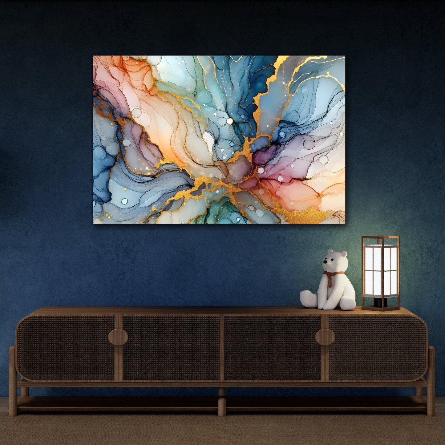 Aqua Fusion: Abstract Art Canvas Print with Gold Leaf Accents - Contemporary Wall Art for Modern Home Decor